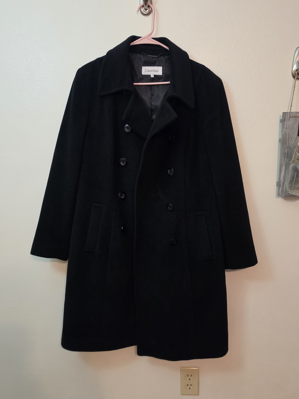 Calvin Klein Black Double-Breasted Wool Pea Coat